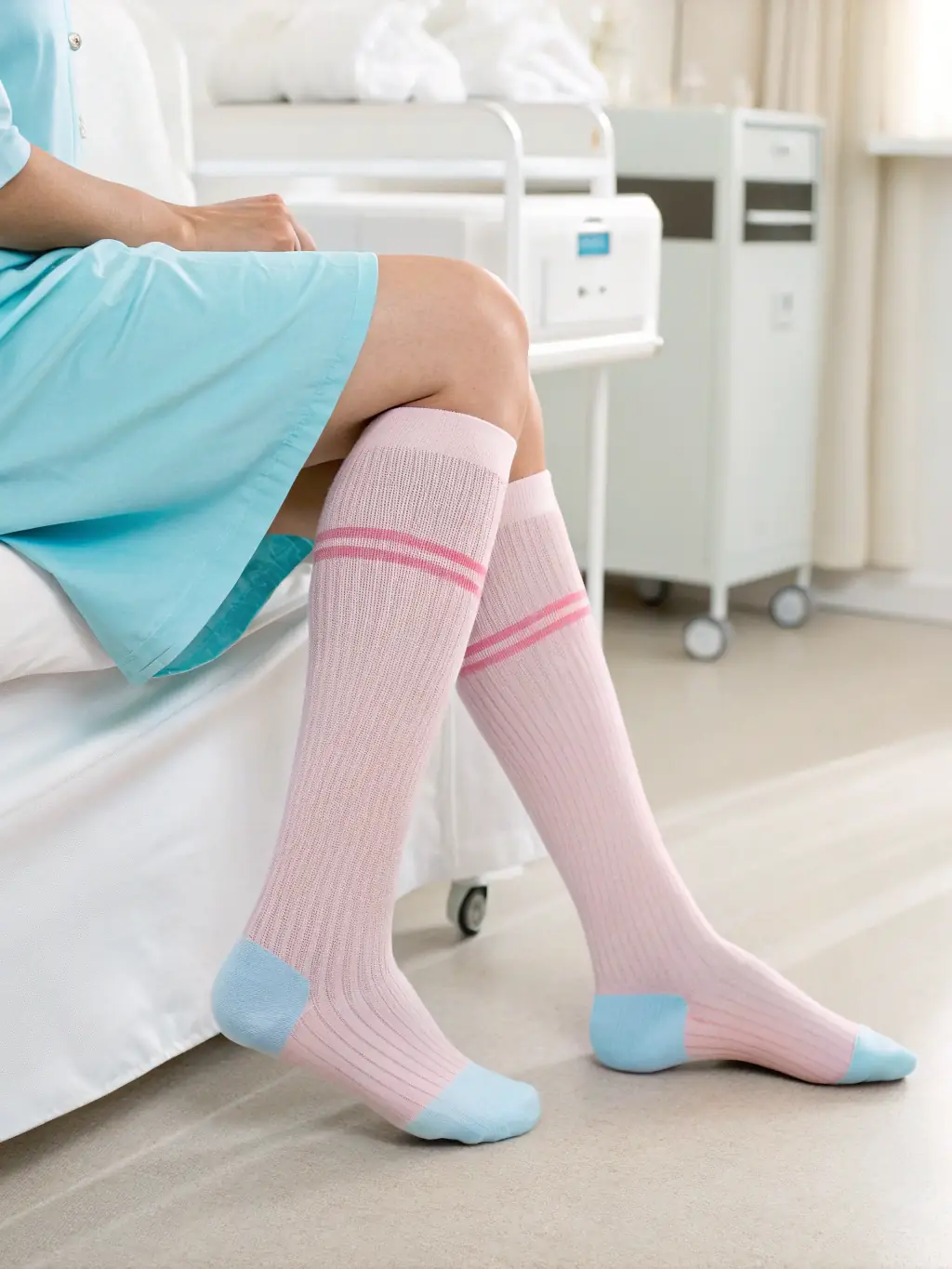 A person wearing compression garments on their legs, illustrating the use of external support to manage swelling and improve circulation in lipedema patients.